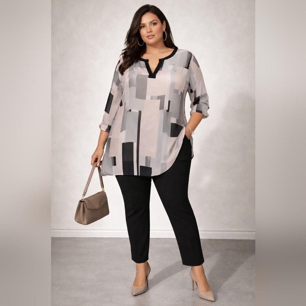 Chico's Sheer Geometric Black, White, Light Pink and Gray Blouse SIZE 3